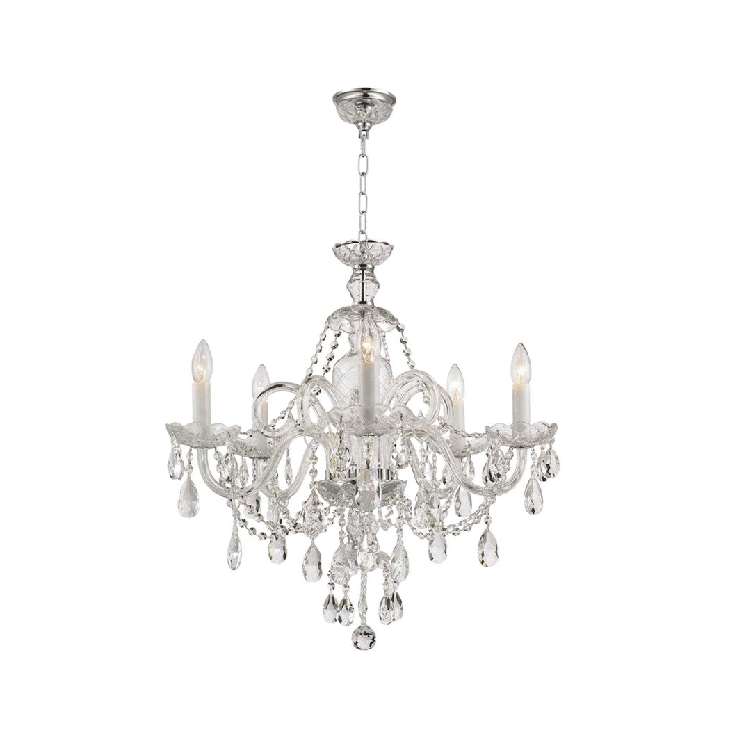 Bohemian Prague 5 Arm Crystal Chandelier - Chrome Fixtures