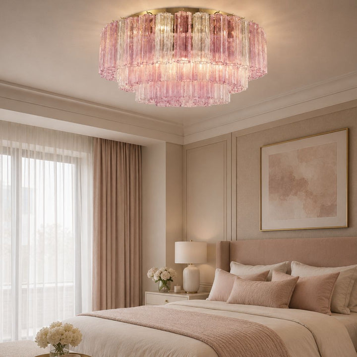 Odelle Collection - Flush Mount Chandelier - Pink & Satin Brass - W:80cm
