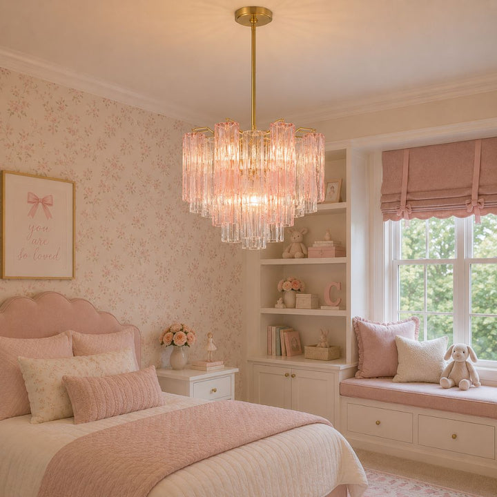 Odelle Collection - Ring Chandelier - Pink & Satin Brass - W:45cm